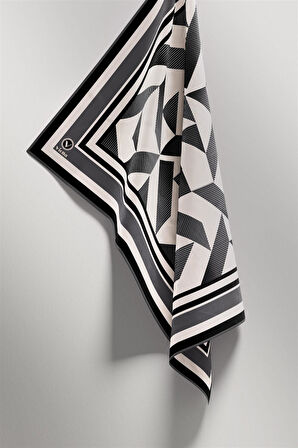 Twill Geometrik Desenli Füme Renkli 90x90 Eşarp (İpek İçermez) Kenar Dikiş Şekli El Dikişli