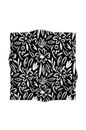 %100 Twill İpek Büyük Çiçek Desenli Siyah - Krem Renkli 90x90 Eşarp Dikim Şekli : El Dikişi