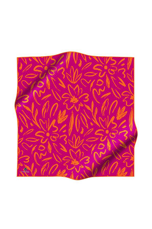 %100 Twill İpek Büyük Çiçek Desenli Fuşya - Turuncu Renkli 90x90 Eşarp Dikim Şekli : El Dikişi