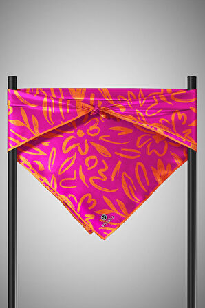 %100 Twill İpek Büyük Çiçek Desenli Fuşya - Turuncu Renkli 90x90 Eşarp Dikim Şekli : El Dikişi
