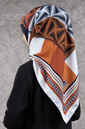 Twill Geometrik Desenli Taba - Krem Renkli 90x90 Eşarp (İpek İçermez) Kenar Dikiş Şekli El Dikişli