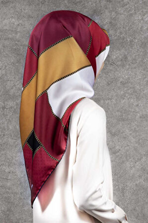 Twill Geometrik Desenli Taba - Bej Renkli 90x90 Eşarp (İpek İçermez) Kenar Dikiş Şekli El Dikişli