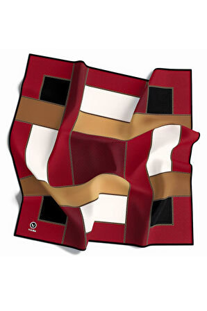 Twill Geometrik Desenli Taba - Bej Renkli 90x90 Eşarp (İpek İçermez) Kenar Dikiş Şekli El Dikişli