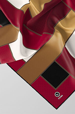 Twill Geometrik Desenli Taba - Bej Renkli 90x90 Eşarp (İpek İçermez) Kenar Dikiş Şekli El Dikişli