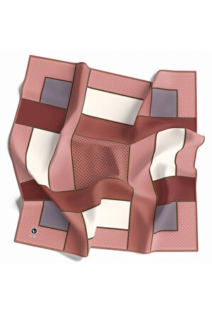 Twill Geometrik Desenli Pudra - Gri Renkli 90x90 Eşarp (İpek İçermez) Kenar Dikiş Şekli El Dikişli
