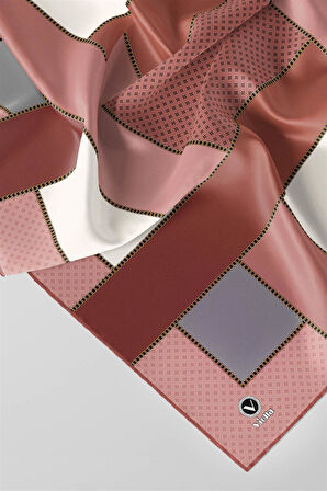 Twill Geometrik Desenli Pudra - Gri Renkli 90x90 Eşarp (İpek İçermez) Kenar Dikiş Şekli El Dikişli