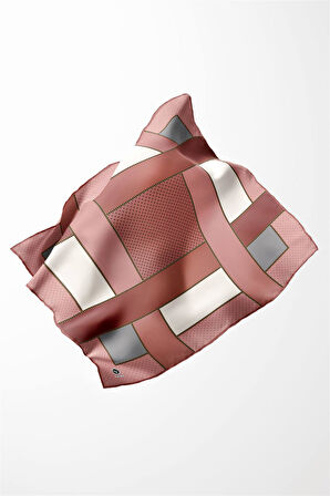 Twill Geometrik Desenli Pudra - Gri Renkli 90x90 Eşarp (İpek İçermez) Kenar Dikiş Şekli El Dikişli