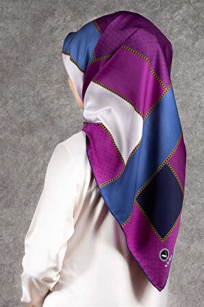 Twill Geometrik Desenli Mürdüm - İndigo Renkli 90x90 Eşarp (İpek İçermez) Kenar Dikiş Şekli El Dikişli
