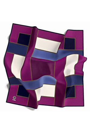 Twill Geometrik Desenli Mürdüm - İndigo Renkli 90x90 Eşarp (İpek İçermez) Kenar Dikiş Şekli El Dikişli