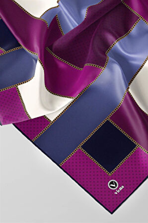 Twill Geometrik Desenli Mürdüm - İndigo Renkli 90x90 Eşarp (İpek İçermez) Kenar Dikiş Şekli El Dikişli