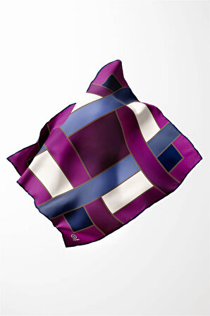 Twill Geometrik Desenli Mürdüm - İndigo Renkli 90x90 Eşarp (İpek İçermez) Kenar Dikiş Şekli El Dikişli