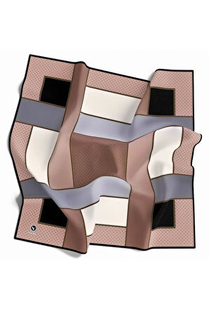 Twill Geometrik Desenli Gri - Bej Renkli 90x90 Eşarp (İpek İçermez) Kenar Dikiş Şekli El Dikişli