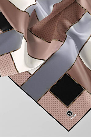 Twill Geometrik Desenli Gri - Bej Renkli 90x90 Eşarp (İpek İçermez) Kenar Dikiş Şekli El Dikişli