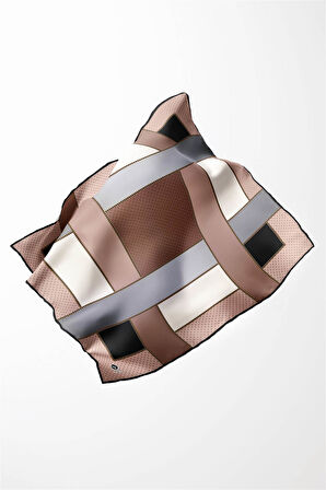 Twill Geometrik Desenli Gri - Bej Renkli 90x90 Eşarp (İpek İçermez) Kenar Dikiş Şekli El Dikişli