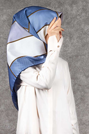 Twill Geometrik Desenli İndigo - Gri Renkli 90x90 Eşarp (İpek İçermez) Kenar Dikiş Şekli El Dikişli