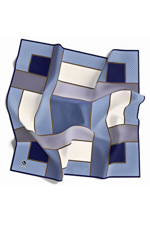 Twill Geometrik Desenli İndigo - Gri Renkli 90x90 Eşarp (İpek İçermez) Kenar Dikiş Şekli El Dikişli