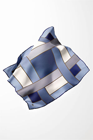 Twill Geometrik Desenli İndigo - Gri Renkli 90x90 Eşarp (İpek İçermez) Kenar Dikiş Şekli El Dikişli