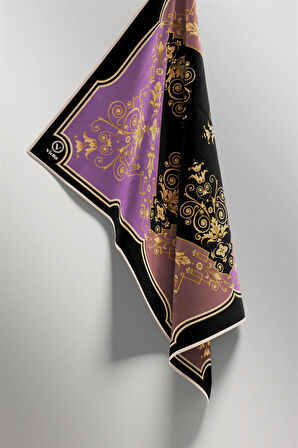 Twill Gold Desenli Lila Renkli 90x90 Eşarp (İpek İçermez) Kenar Dikiş Şekli El Dikişli