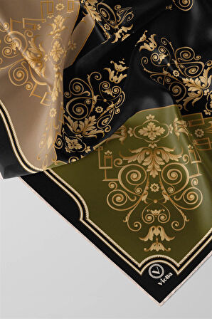 Twill Gold Desenli Haki Renkli 90x90 Eşarp (İpek İçermez) Kenar Dikiş Şekli El Dikişli