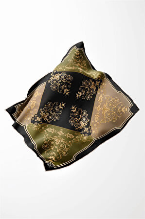 Twill Gold Desenli Haki Renkli 90x90 Eşarp (İpek İçermez) Kenar Dikiş Şekli El Dikişli