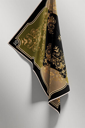 Twill Gold Desenli Haki Renkli 90x90 Eşarp (İpek İçermez) Kenar Dikiş Şekli El Dikişli