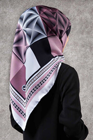 Twill Geometrik Desenli Pudra - Krem Renkli 90x90 Eşarp (İpek İçermez) Kenar Dikiş Şekli El Dikişli