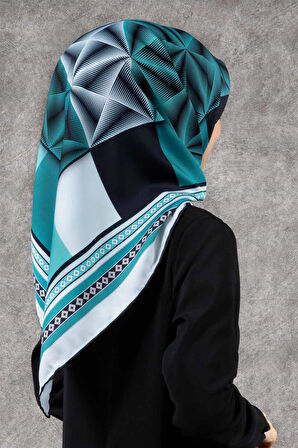 Twill Geometrik Desenli Turkuaz - Krem Renkli 90x90 Eşarp (İpek İçermez) Kenar Dikiş Şekli El Dikişli