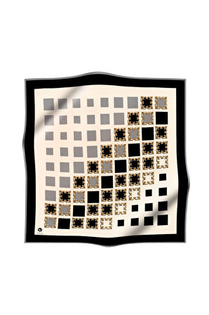 Twill Gold Detaylı Kare Desenli Siyah - Gümüş Renkli 90x90 Eşarp (İpek İçermez) Kenar Dikiş Şekli El Dikişli