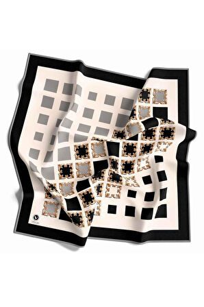 Twill Gold Detaylı Kare Desenli Siyah - Gümüş Renkli 90x90 Eşarp (İpek İçermez) Kenar Dikiş Şekli El Dikişli