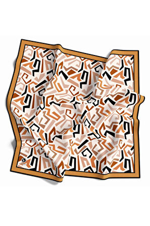 Twill Geometrik Desenli Hardal Renkli 90x90 Eşarp (İpek İçermez) Kenar Dikiş Şekli El Dikişli