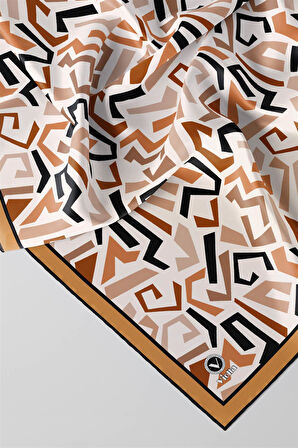 Twill Geometrik Desenli Hardal Renkli 90x90 Eşarp (İpek İçermez) Kenar Dikiş Şekli El Dikişli