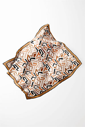 Twill Geometrik Desenli Hardal Renkli 90x90 Eşarp (İpek İçermez) Kenar Dikiş Şekli El Dikişli