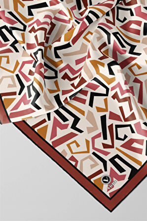 Twill Geometrik Desenli Bakır Renkli 90x90 Eşarp (İpek İçermez) Kenar Dikiş Şekli El Dikişli