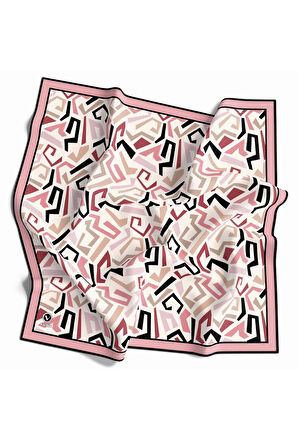 Twill Geometrik Desenli Pudra Renkli 90x90 Eşarp (İpek İçermez) Kenar Dikiş Şekli El Dikişli