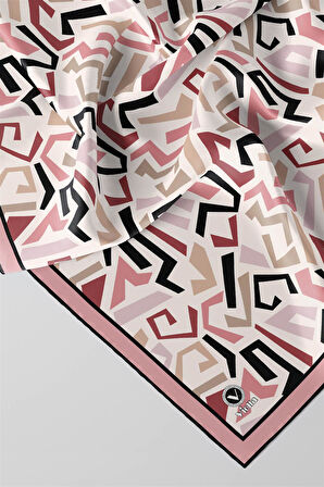 Twill Geometrik Desenli Pudra Renkli 90x90 Eşarp (İpek İçermez) Kenar Dikiş Şekli El Dikişli