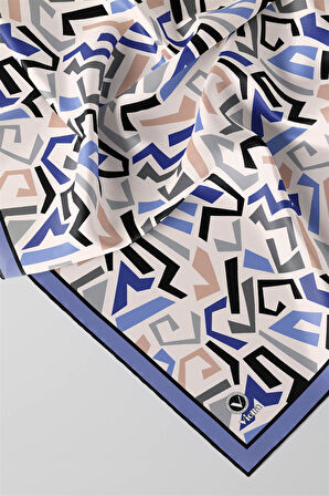 Twill Geometrik Desenli Bebe Mavisi Renkli 90x90 Eşarp (İpek İçermez) Kenar Dikiş Şekli El Dikişli