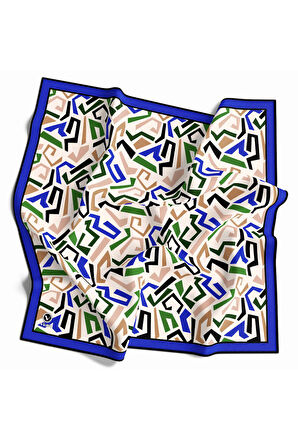 Twill Geometrik Desenli Saks Renkli 90x90 Eşarp (İpek İçermez) Kenar Dikiş Şekli El Dikişli