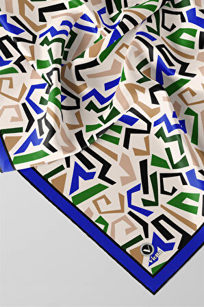 Twill Geometrik Desenli Saks Renkli 90x90 Eşarp (İpek İçermez) Kenar Dikiş Şekli El Dikişli