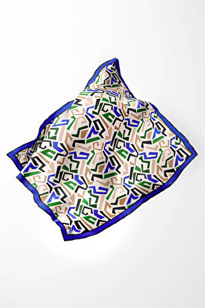 Twill Geometrik Desenli Saks Renkli 90x90 Eşarp (İpek İçermez) Kenar Dikiş Şekli El Dikişli
