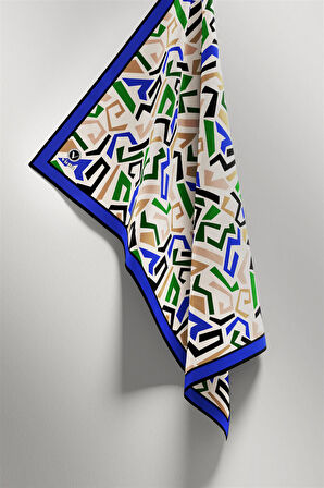 Twill Geometrik Desenli Saks Renkli 90x90 Eşarp (İpek İçermez) Kenar Dikiş Şekli El Dikişli