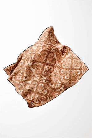 Twill Barok Desenli Taba Renkli 90x90 Eşarp (İpek İçermez) Kenar Dikiş Şekli El Dikişli