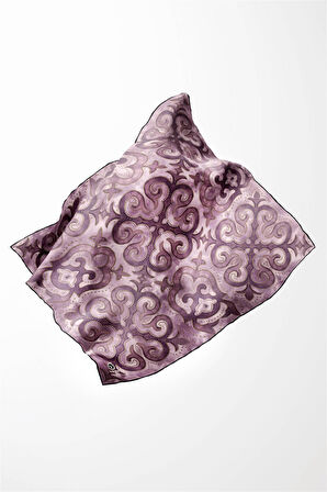 Twill Barok Desenli Lila Renkli 90x90 Eşarp (İpek İçermez) Kenar Dikiş Şekli El Dikişli