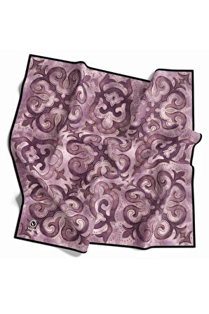 Twill Barok Desenli Lila Renkli 90x90 Eşarp (İpek İçermez) Kenar Dikiş Şekli El Dikişli