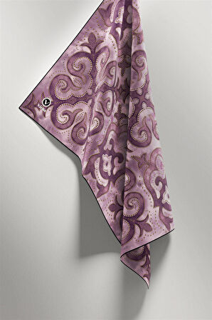 Twill Barok Desenli Lila Renkli 90x90 Eşarp (İpek İçermez) Kenar Dikiş Şekli El Dikişli