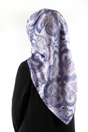 Twill Barok Desenli İndigo Renkli 90x90 Eşarp (İpek İçermez) Kenar Dikiş Şekli El Dikişli