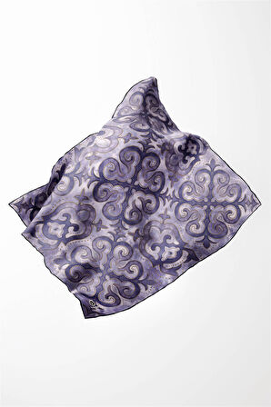 Twill Barok Desenli İndigo Renkli 90x90 Eşarp (İpek İçermez) Kenar Dikiş Şekli El Dikişli