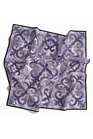 Twill Barok Desenli İndigo Renkli 90x90 Eşarp (İpek İçermez) Kenar Dikiş Şekli El Dikişli