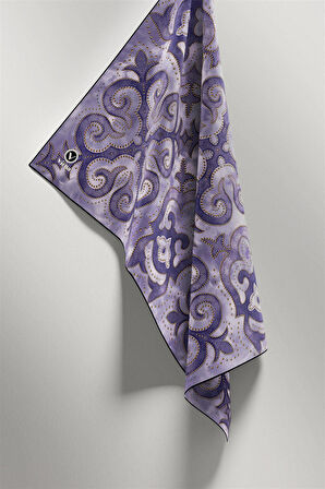 Twill Barok Desenli İndigo Renkli 90x90 Eşarp (İpek İçermez) Kenar Dikiş Şekli El Dikişli