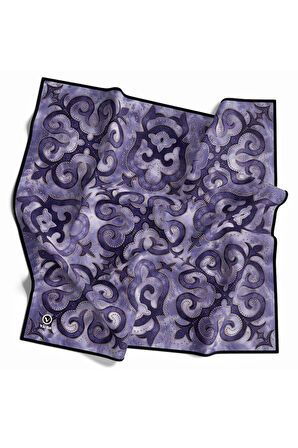 Twill Barok Desenli Lacivert Renkli 90x90 Eşarp (İpek İçermez) Kenar Dikiş Şekli El Dikişli