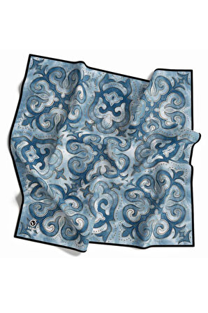 Twill Barok Desenli Petrol Mavisi Renkli 90x90 Eşarp (İpek İçermez) Kenar Dikiş Şekli El Dikişli